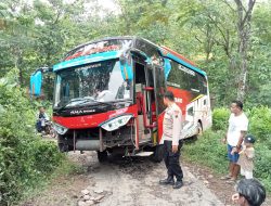 Bus Rombongan Ziarah Terperosok di Tanjakan Desa Plukaran Gembong, Tidak Ada Korban Jiwa