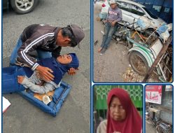 Hindari Ibu Lansia Menyebrang Dengan Sepeda: Pengemudi dan Penumpang Becak Motor (Bentor) Oleng Tak Sadarkan Diri